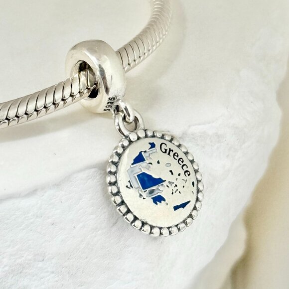 Pandora Greece Map Flag Dangle S925 Silver Charm - Picture 1 of 4